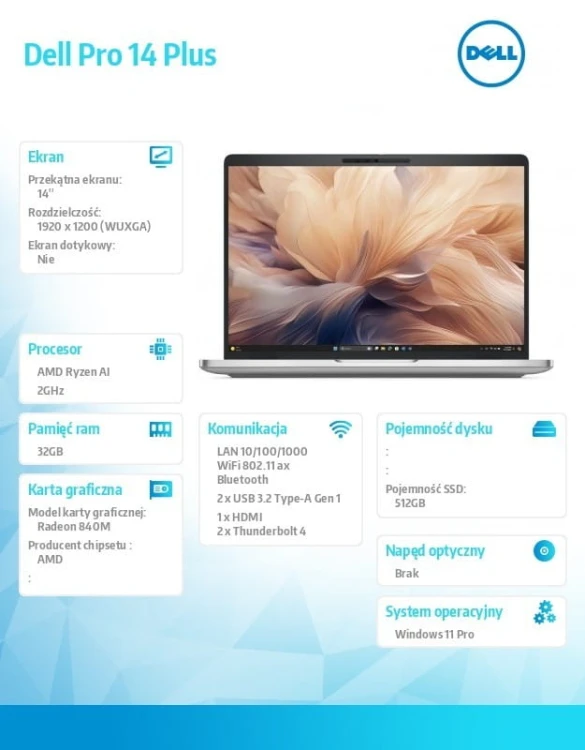 Dell Laptop Dell Pro 14 Plus PB14255/Ryzen AI 5 PRO 340/32GB/512GB SSD Gen4/14.0 FHD+/Radeon 840M/FgrPr&amp;SmtCd/FHD/IR Cam/Mic/WLAN+BT/Backlit Kb/3Cell/