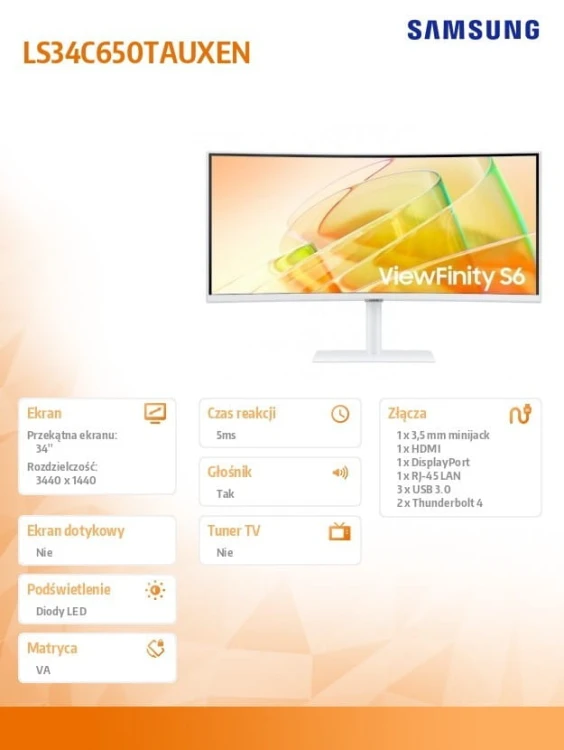 Samsung Monitor 34 cale ViewFinity S65CT VA 3440x1440 UWQHD 21:9 1xHDMI 1xDP 2xTB 4.0(90W/15W) 3xUSB 3.0 LAN 5ms 100Hz HAS gł. zakrzyw. biały 2Yd2d