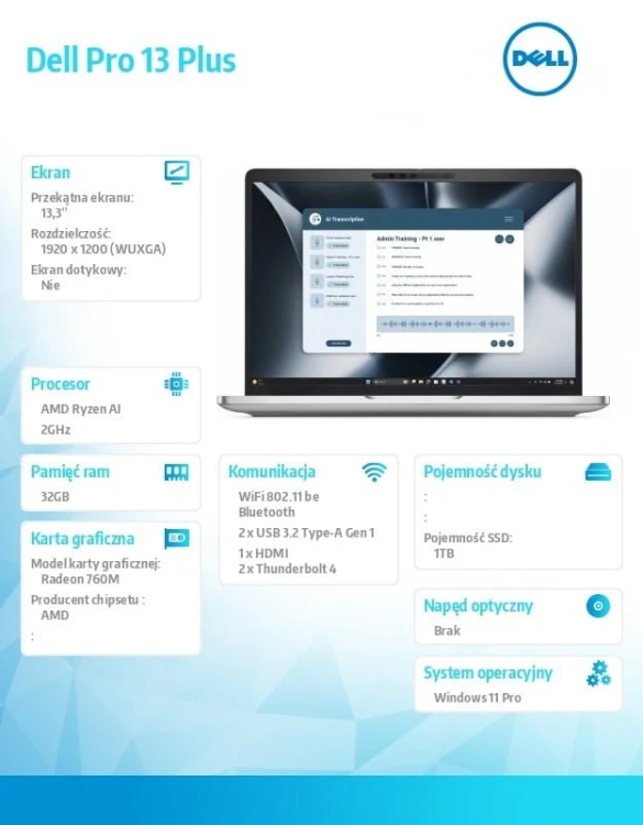Dell Laptop Dell Pro 13 Plus PB13255/Ryzen AI 5 PRO 340/32GB/1TB SSD Gen4/13.3 FHD+/Radeon 760M/FgrPr&amp;SmtCd/FHD/IR Cam/Mic/WLAN+BT/Backlit Kb/3 Cell/W