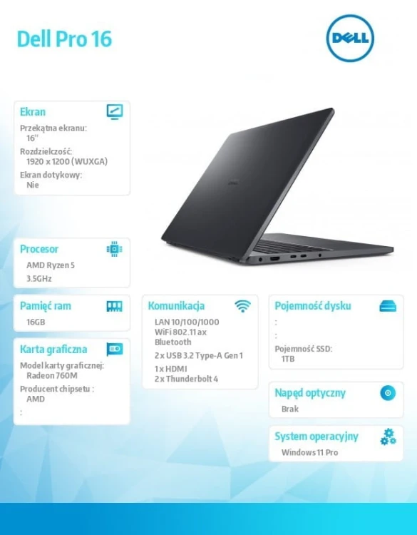 Dell Laptop Dell Pro 16 PC16255/AMD Ryzen 5 PRO 230/16GB/1TB SSD/16.0 FHD+/Radeon 760M/FgrPr/FHD/IR Cam/Mic/WLAN+BT/Backlit Kb/3Cell/W11P