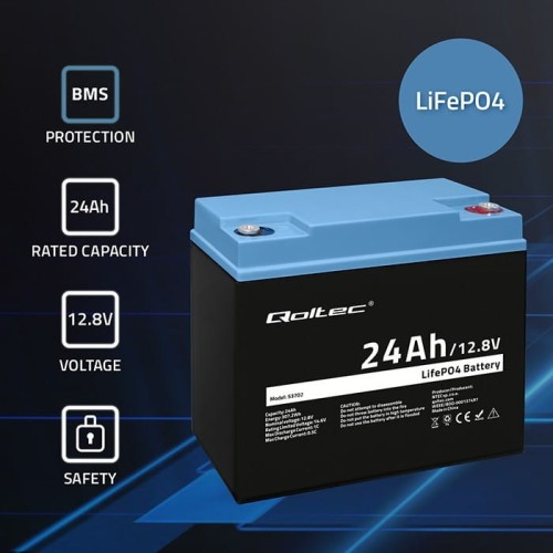 Qoltec Akumulator LiFePO4 Litowo-Żelazowo-Fosforanowy | 12.8V | 24Ah |  307.2Wh | BMS