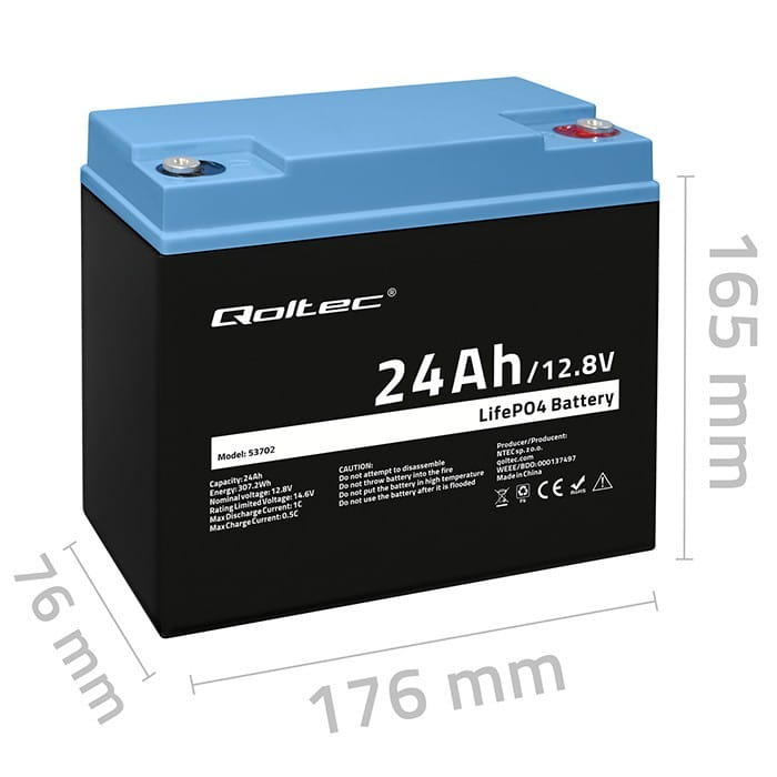 Qoltec Akumulator LiFePO4 Litowo-Żelazowo-Fosforanowy | 12.8V | 24Ah |  307.2Wh | BMS