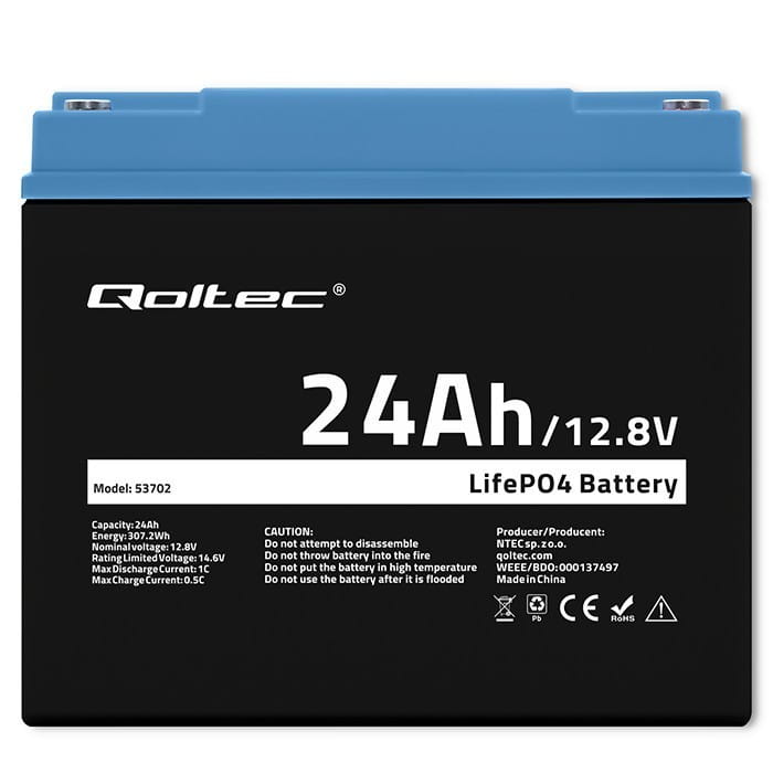 Qoltec Akumulator LiFePO4 Litowo-Żelazowo-Fosforanowy | 12.8V | 24Ah |  307.2Wh | BMS
