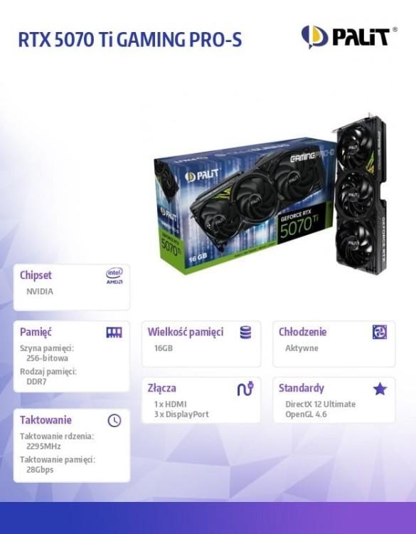 Palit Karta graficzna RTX 5070 Ti GAMING PRO-S 16GB GDDR7 256bit 3DP/HDMI