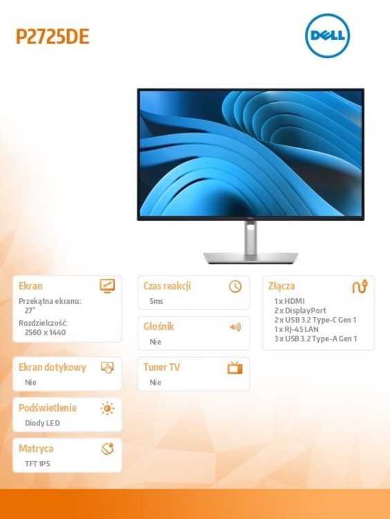 Dell Monitor 27 cali P2725DE IPS QHD LED/RJ45/HDMI/DP/USBC/3Y