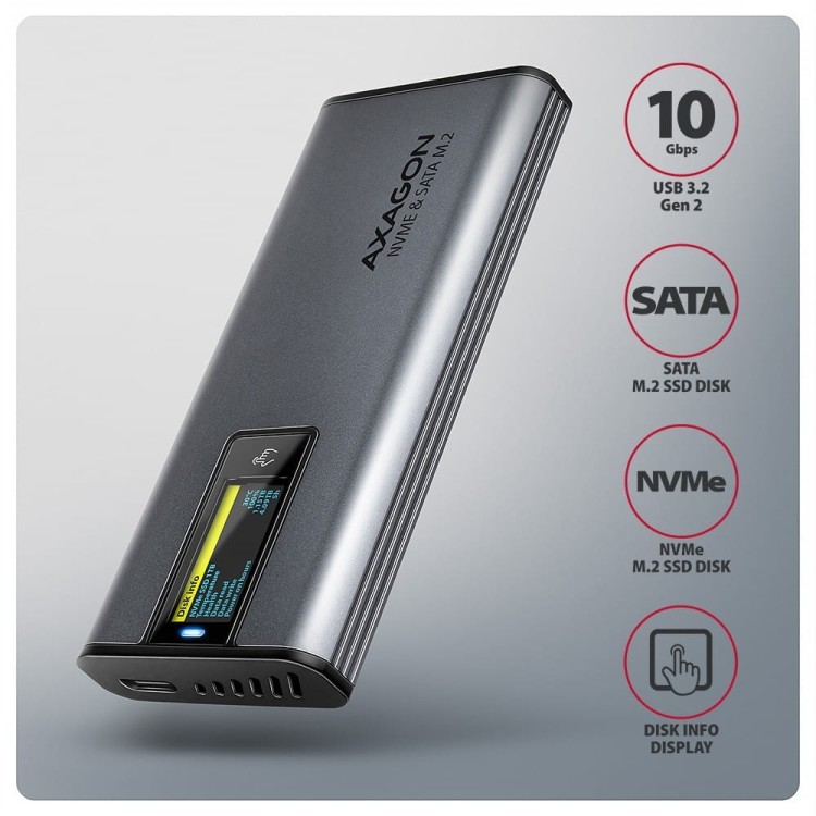 AXAGON EEM2-SD2 Obudowa zewnętrzna aluminiowa bezśrubowa USB-A/C 3.2 Gen2 M.2 NVMe/SATA display LCD