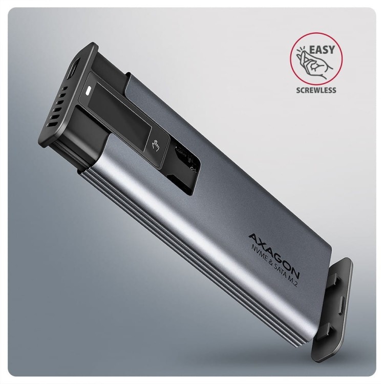 AXAGON EEM2-SD2 Obudowa zewnętrzna aluminiowa bezśrubowa USB-A/C 3.2 Gen2 M.2 NVMe/SATA display LCD