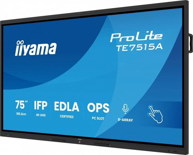 IIYAMA Monitor 75 cali TE7515A-B1AG IPS,4K,40pkt,550cd,DeepContrast-IR+,    HDMI x2,DP,USB-C, 2 x 20W, OPS Slot x1, 5xUSB, 2xRJ45,8-Array,EDLA, WiFi,P