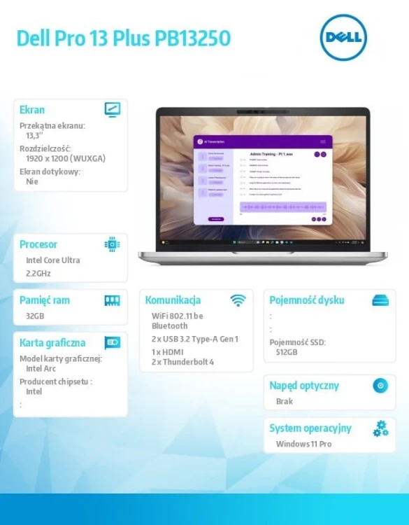 Dell Laptop Dell Pro 13 Plus PB13250 W11P Ultra 7 268V/32GB/512GB/13.3 FHD+/Arc/FgrPr&SmtCd/FHD/IRCam/Mic/WWAN Ready+BT/BcklKb/3C/vPro/3YPS Silver