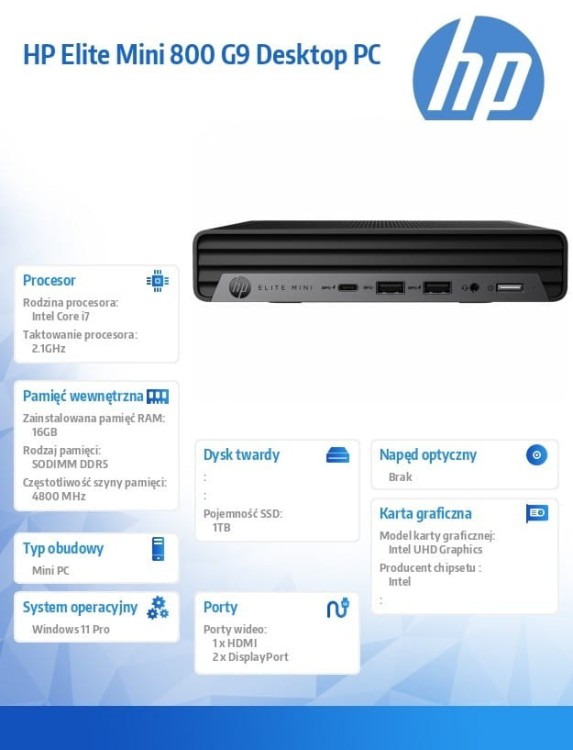 HP Inc. Komputer Elite Mini 800 G9 i7-14700 1TB/16/W11P 998Q6ET