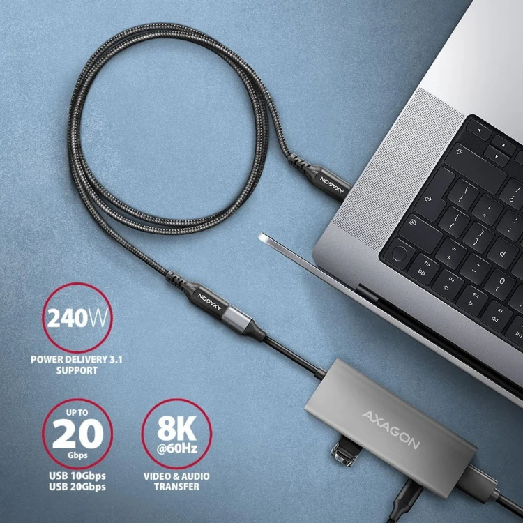 AXAGON BUCM32-CF05AB Kabel przedłużacz Gen2 USB-C - USB-C 0.5m, 5A, 20Gbps, PD 240W, oplot