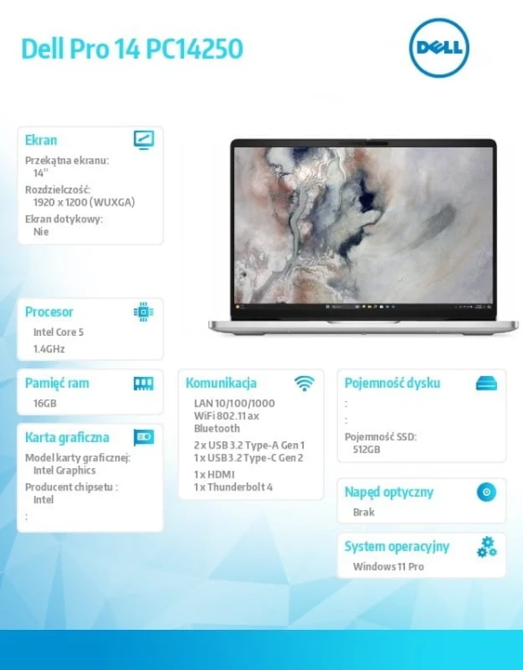 Dell Laptop Dell Pro 14 PC14250 W11P C5 120U/16GB/512GB/14.0 FHD+/INT/FgrPr/FHD/IRCam/Mic/WLAN+BT/BcklKb/3C/3YPS Platinum
