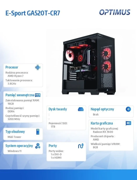 OPTIMUS Komputer E-Sport GB550T-CR5 Ryzen 7 5800X/16GB/1TB/RX 7600 GAMING OC 8G/W