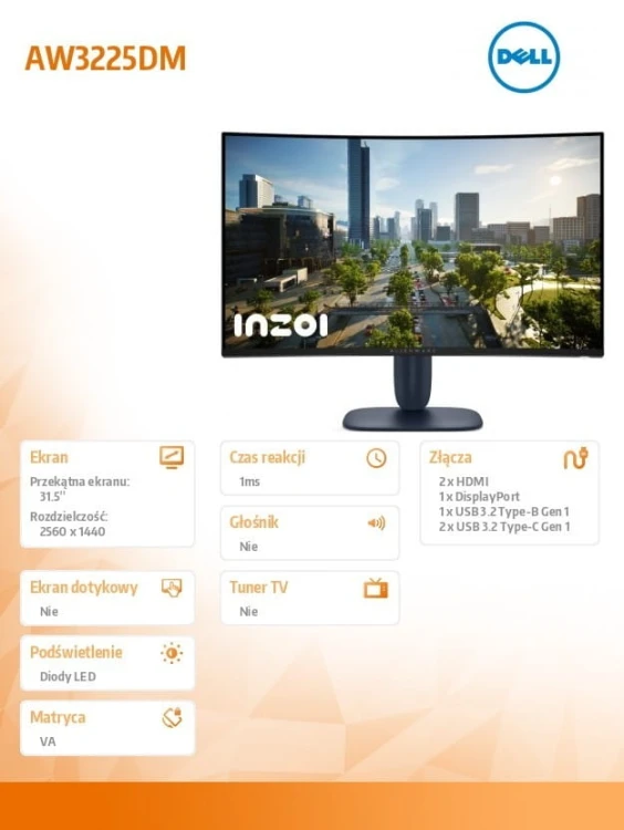 Dell Monitor AW3225DM 31.6 cala Curved NVIDIA G-Sync Compatible 180Hz  VA  QHD (3440x1440)/16:9/DP/2xHDMI/3xUSB 3.2/3Y AES&PPE