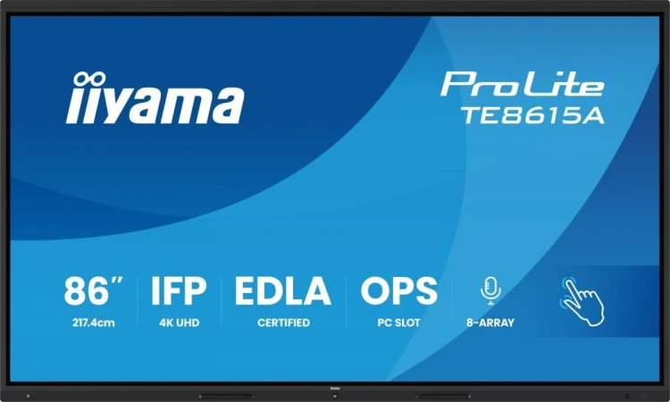 IIYAMA Monitor 86 cali TE8615A-B1AG IPS,4K,40pkt,550cd,DeepContrast-IR+,    HDMI x2,DP,USB-C, 2 x 20W, OPS Slot x1, 5xUSB, 2xRJ45,8-Array,EDLA, WiFi,P