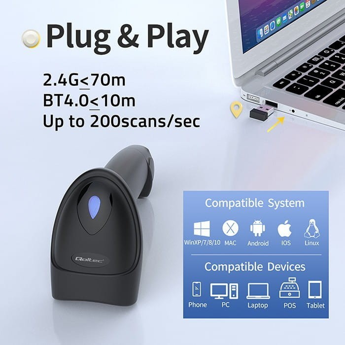 Qoltec Czytnik kodów kreskowych i QR | 1D 2D | USB | Bluetooth