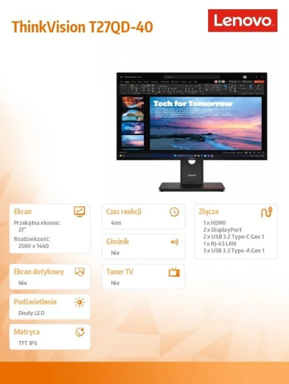 Lenovo Monitor 27 cali ThinkVision T27QD-40 WLED LCD 64AAGAT2EU