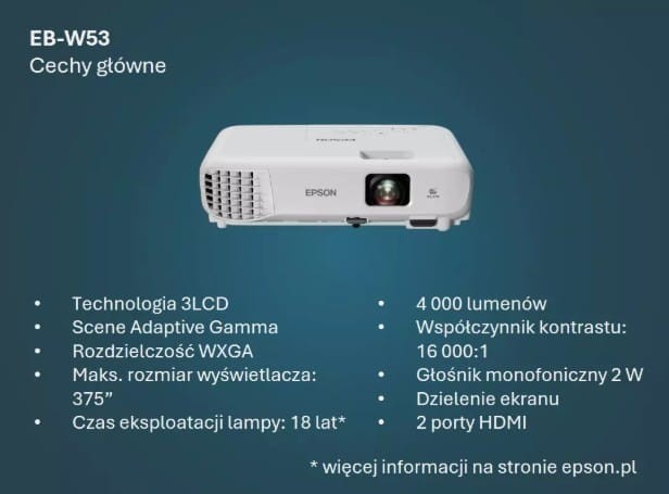 Epson Projektor EB-W53   3LCD/WXGA/4000L/16k:1/HDMI
