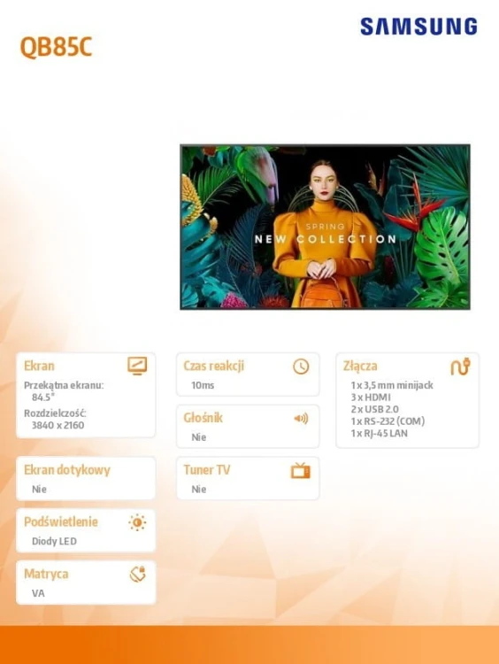 Samsung Monitor profesjonalny  QB85C 85 cali Błyszczący 16h/7 350(cd/m2) 3840x2160 (UHD) S10 Player (Tizen 7, VXT Ready) Wi-Fi/BT 3 lata On-Site (LH85
