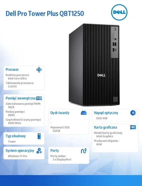 Dell Komputer Dell Pro Tower Plus QBT1250 W11Pro U7 265/16GB/512GB/Integrated/DVD RW +/-8x/Wireless Kb & Mouse/260W/3YPS