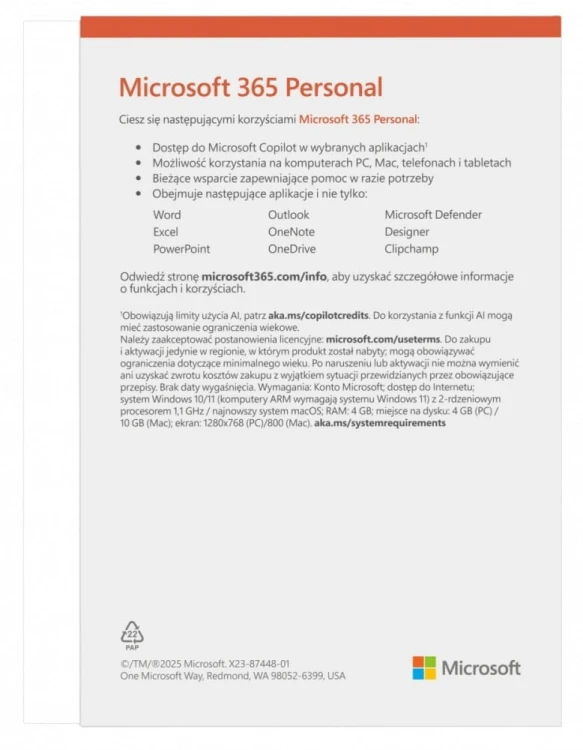 Microsoft M365 Personal PL 1Y 1U 5D Win/Mac EP2-32454