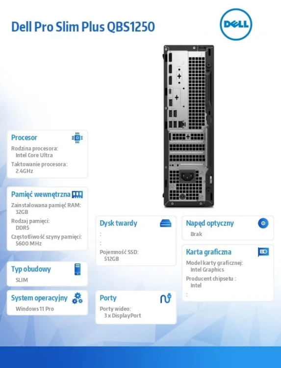 Dell Komputer Dell Pro Slim Plus QBS1250 W11Pro U7 265/32GB/512GB/Integrated/WLAN + BT/Wireless Kb & Mouse/260W/3YPS