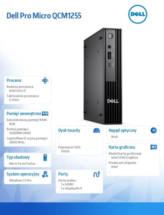 Dell Komputer Dell Pro Micro QCM1250 W11Pro i3-14100T/8GB/512GB SSD/Integrated/WLAN + BT/Kb/Mouse/3YPS
