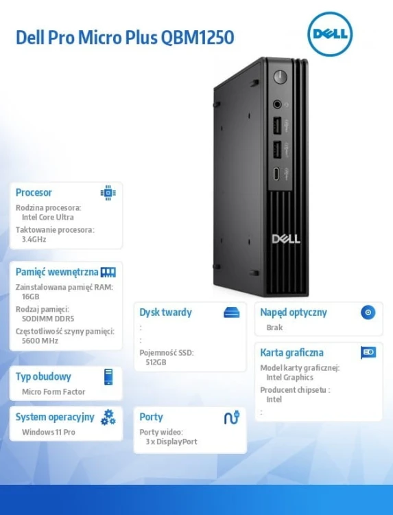 Dell Komputer Dell Pro Micro Plus QBM1250 W11Pro U5 235/16GB/512GB/Integrated/WLAN + BT/Wireless Kb & Mouse/3YPS