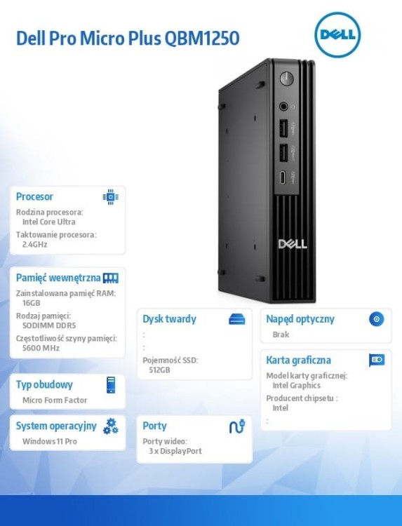 Dell Komputer Dell Pro Micro Plus QBM1250 W11Pro U7 265/16GB/512GB/Integrated/WLAN + BT/Wireless Kb & Mouse/3YPS