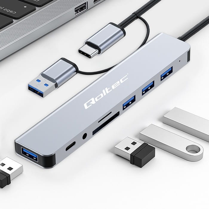 Qoltec HUB Adapter 8w1 USB-C/USB | USB-C | 4xUSB | SD/TF card | Jack    3.5mm TRRS