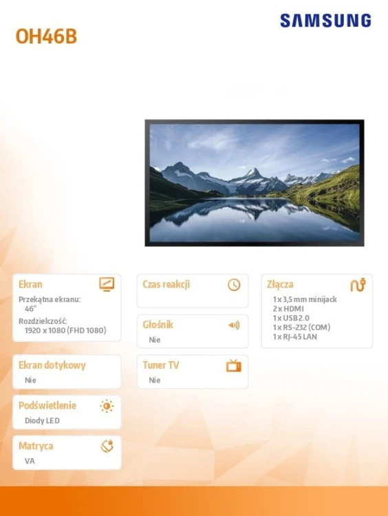 Samsung Monitor profesjonalny  OM46B 46 cali Błyszczący 24h/7 4000(cd/m2) 1920 x 1080(FHD) Tizen 5.0  3 lata On-Site (LH46OMBEBGBXEN)