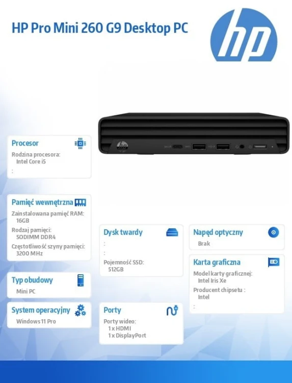 HP Inc. Komputer Mini Pro 260 G9 i5-1335U 512GB/16GB/W11P      998L4ET