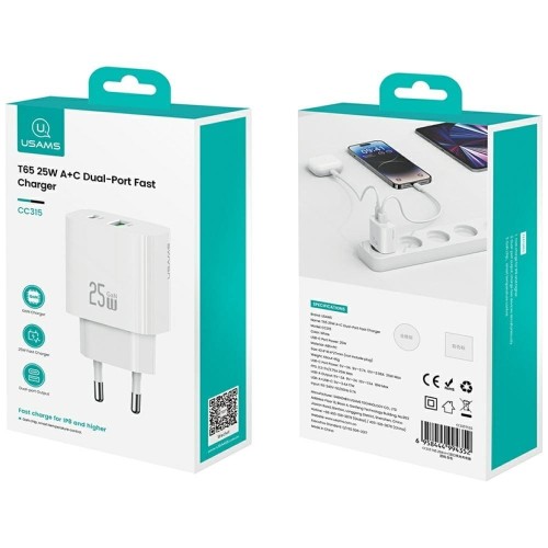 USAMS Ładowarka sieciowa 25W 1xUSB-A 1xUSB-A fast charging Biała