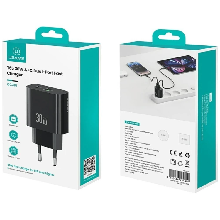 USAMS Ładowarka sieciowa 30W 1xUSB-C 1xUSB-A Fast czarging Czarna