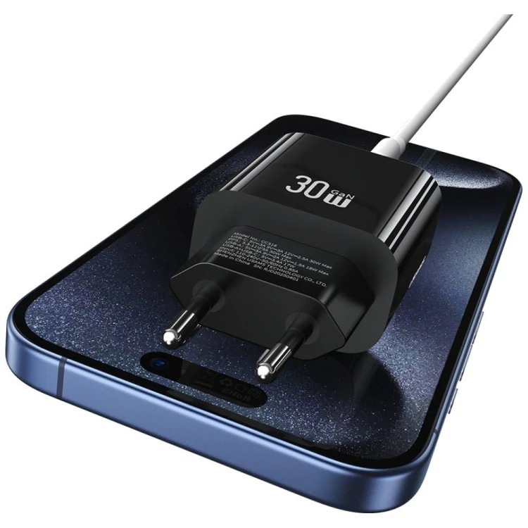 USAMS Ładowarka sieciowa 30W 1xUSB-C 1xUSB-A Fast czarging Czarna
