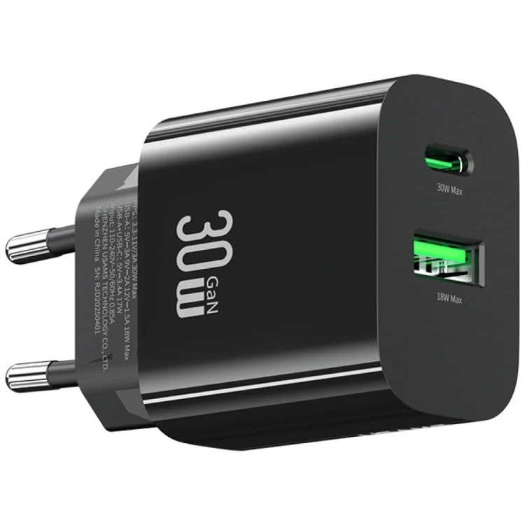 USAMS Ładowarka sieciowa 30W 1xUSB-C 1xUSB-A Fast czarging Czarna