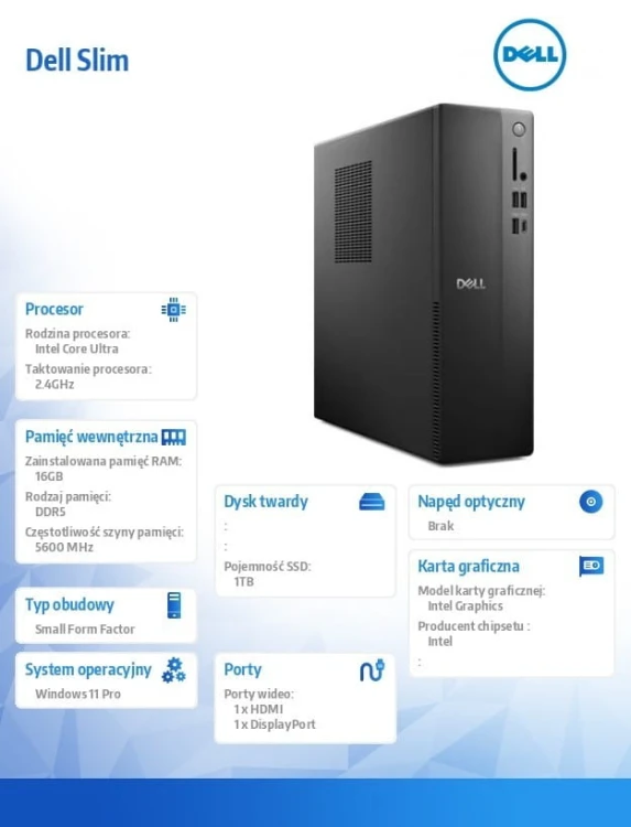 Dell Komputer Dell Slim ECS1250 Win11Pro Ultra 7 265/16GB/1TB/Intel UHD/WLAN + BT/Kb/Mouse/3YPS
