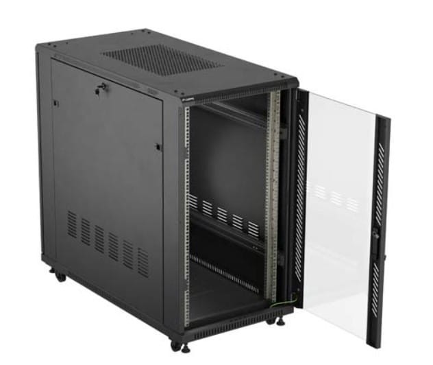 Lanberg Szafa instalacyjna rack stojąca 19" 22U 600x1200 czarna drzwi   przeszklone (flat pack)