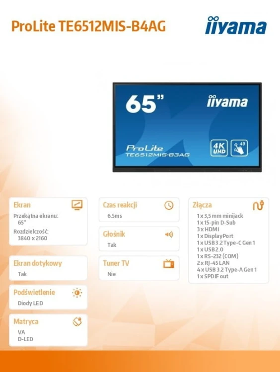 IIYAMA Monitor 65 cali TE6512MIS-B4AG  40pkt,IPS,4K,24/7,7H, ANDROID 14, RK3576, 8/128GB, EDLA, Essential