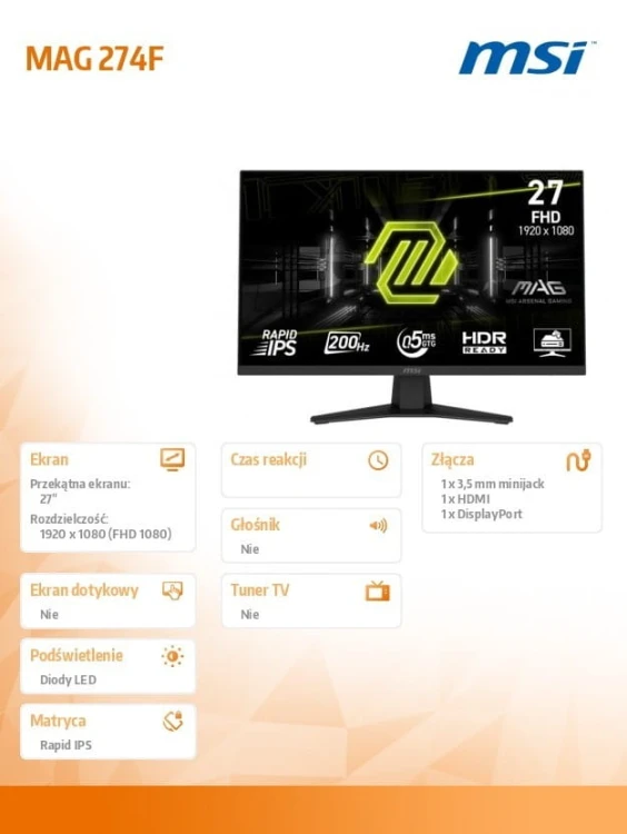 MSI Monitor MAG 274F 27 cali/LED/FHD/Flat/200Hz/Black