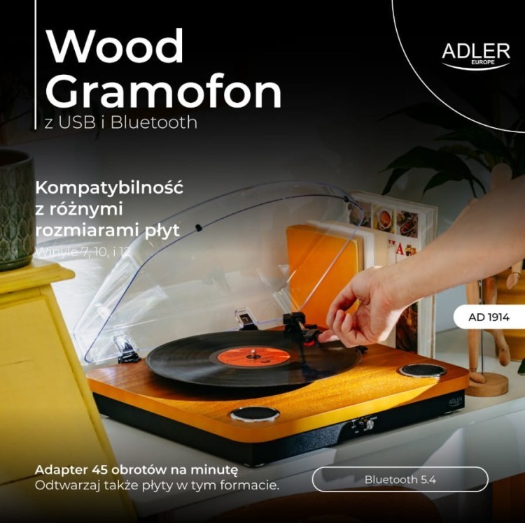 Adler Gramofon AD1914 Wood USB Bluetooth
