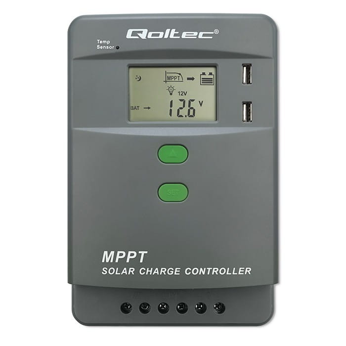 Qoltec Solarny regulator ładowania MPPT z czujnikiem temperatury 10A |  12V/24V | LCD | 2xUSB | Bluetooth | APP | GEL | LiFePO4