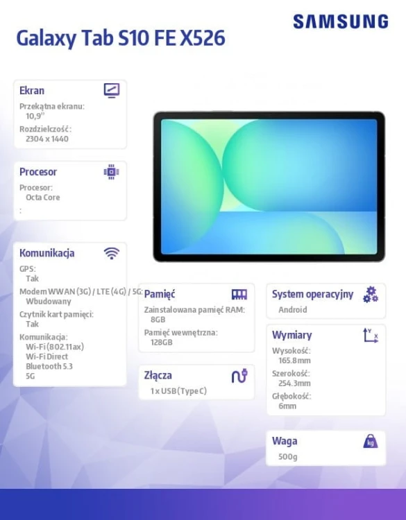 Samsung Tablet Galaxy Tab S10 FE X526 10.9 cala 5G 8/128GB Szary EE