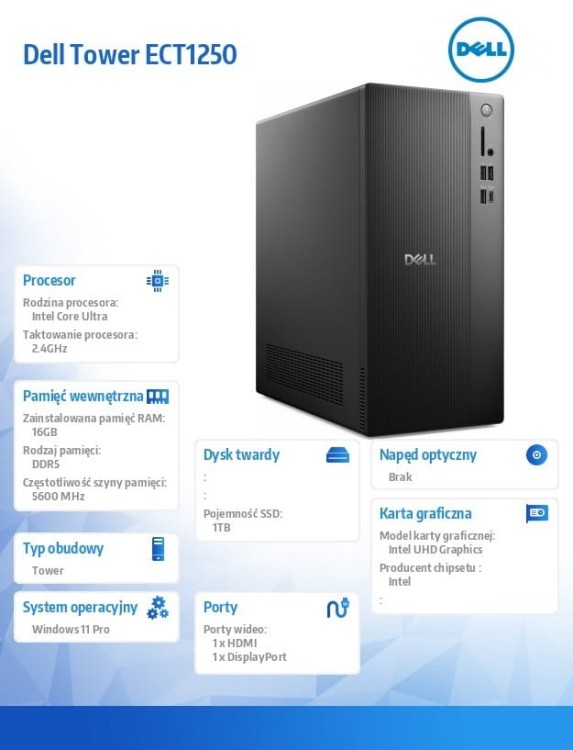 Dell Komputer Dell Tower ECT1250 Win11Pro U7 265/16GB/1TB SSD/UHD/WLAN + BT/Wireless Kb & Mouse/3YPS