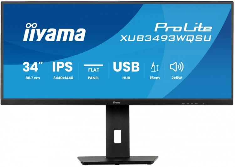 IIYAMA Monitor ProLite 34 cale XUB3493WQSU-B6 IPS,UWQHD,DP,2xHDMI,HAS,21:9,400cd,   120Hz,1000:1,1ms, USB HUBx4, 2x5W,