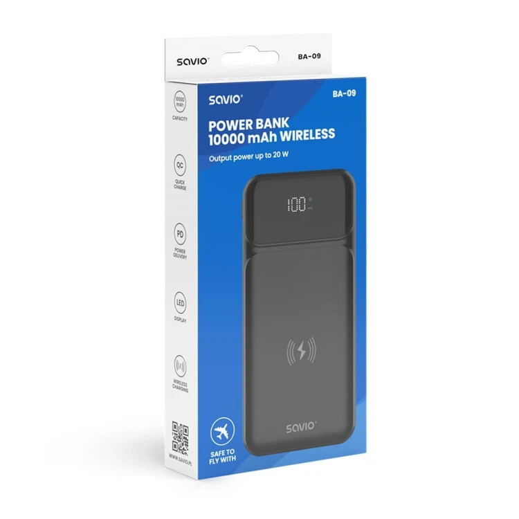 Savio Powerbank bezprzewodowy 10000 mAh, BA-09