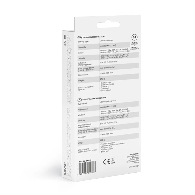 Savio Powerbank bezprzewodowy 10000 mAh, BA-09