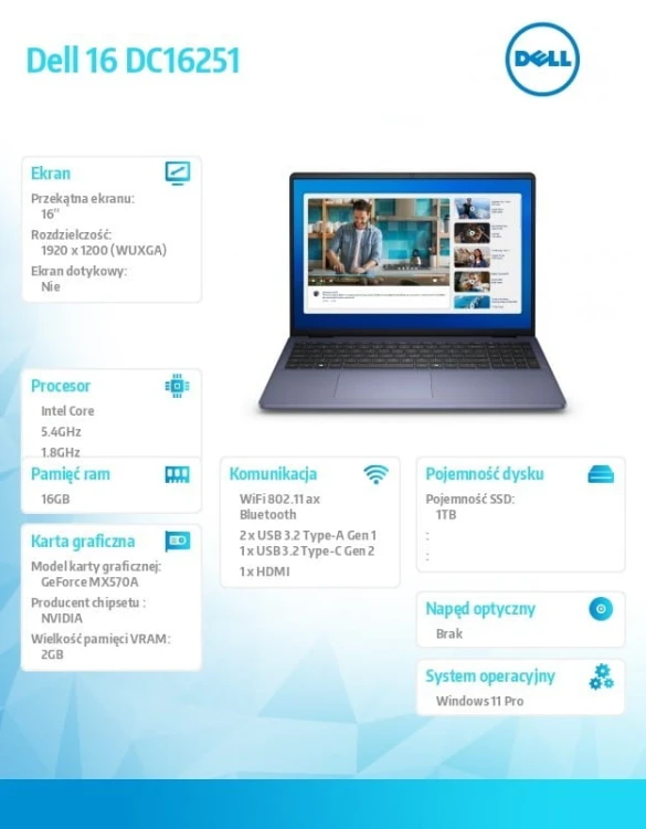 Dell Laptop Dell 16 DC16251 W11P C7-150U/16GB/1TB/16.0 FHD+/GF MX 570A/FgrPr/WLAN + BT/Backlit Kb/4 Cell/3YPS Midnight Blue