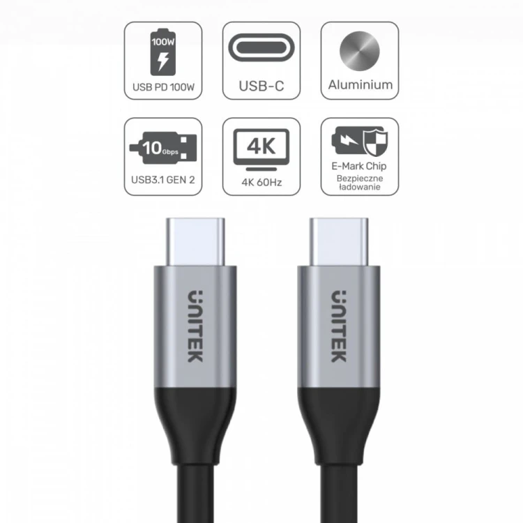 Unitek Kabel USB-C - USB-C PD, 10Gbps, 4K60Hz, 1m, M/M; C14082ABK