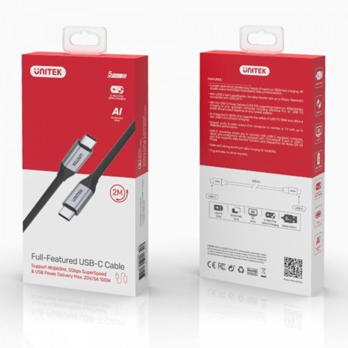 Unitek Kabel USB-C - USB-C PD 100W, 5Gbps, 4K60Hz, 2m, M/M; C14091ABK